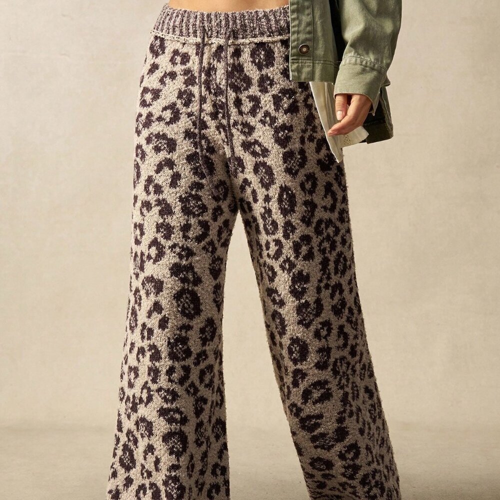 Brown Boho Western Women's Leopard Print Wide Leg Knit Pants